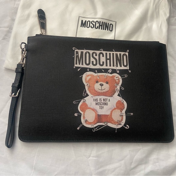 New Moschino Logo Bear Clutch Bag Black Large